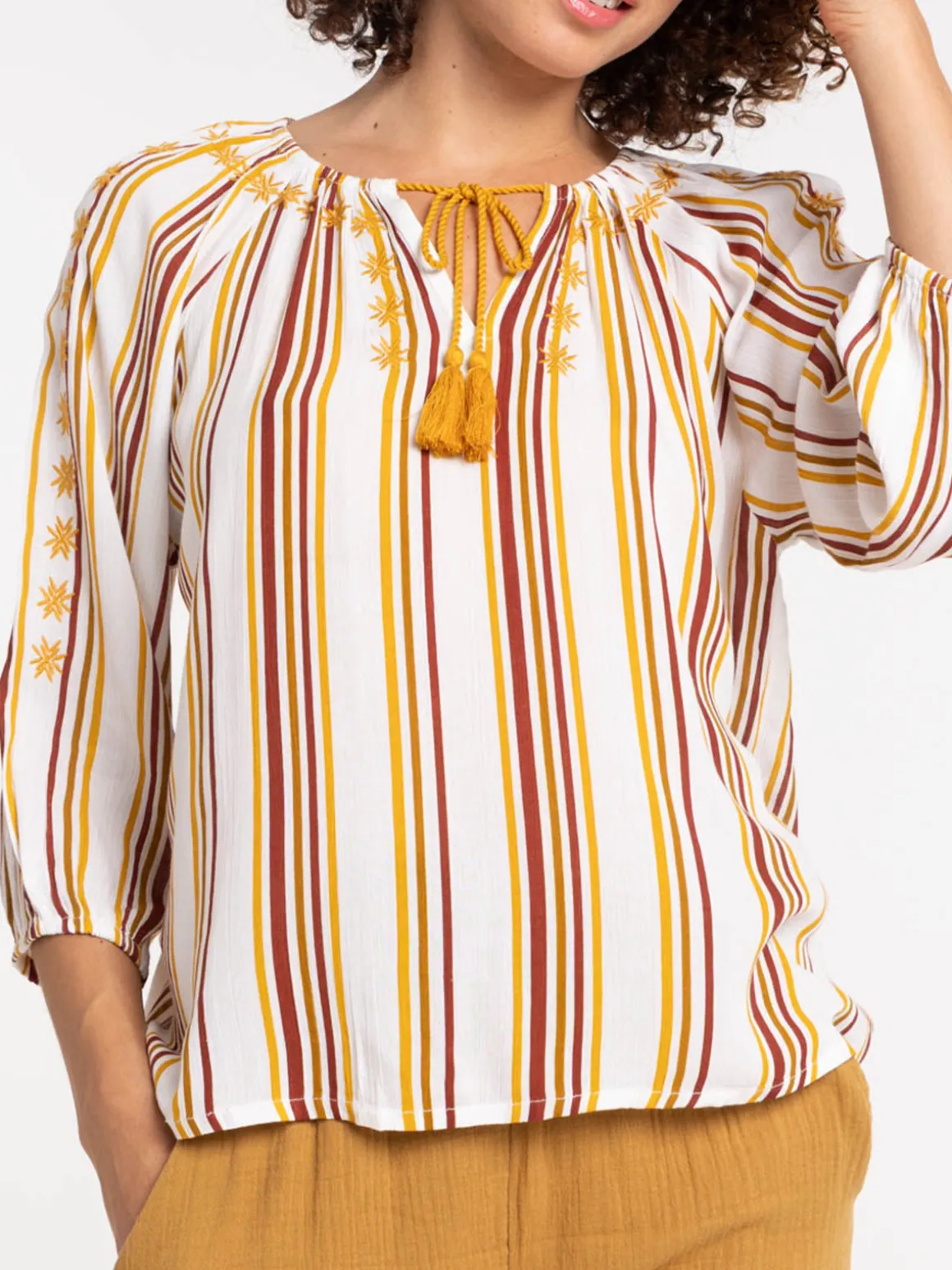 Blouse brodée et rayée femme