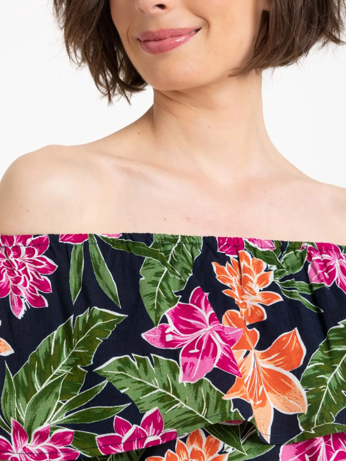 Blouse fleurie col volanté femme