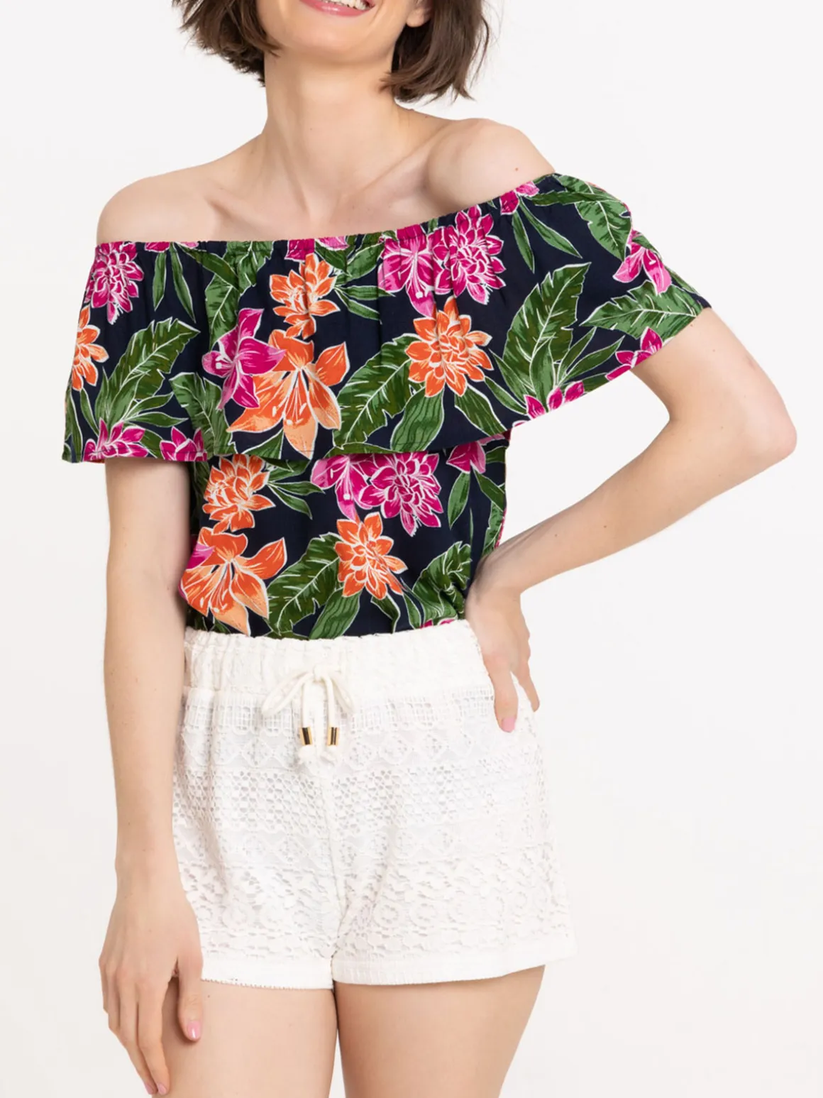 Blouse fleurie col volanté femme