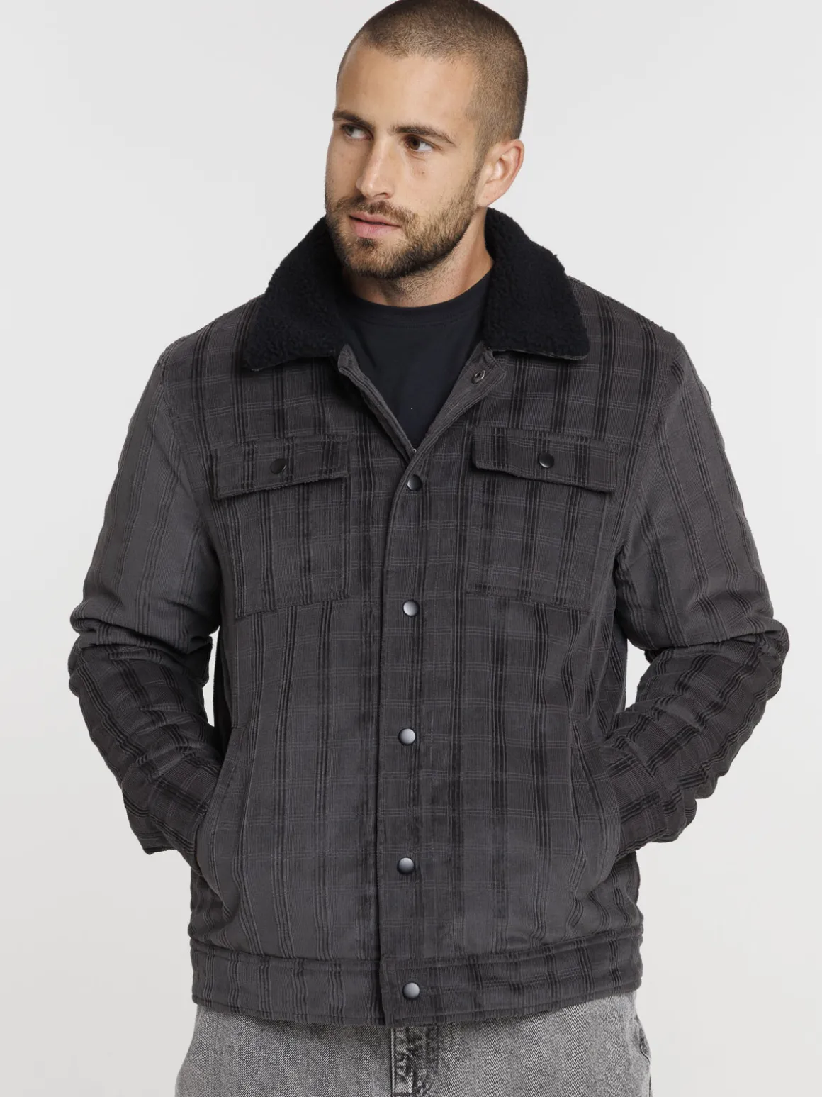 Blouson à carreaux col sherpa homme
