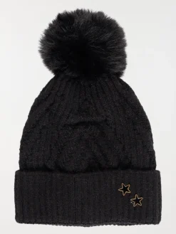 Bonnet noir torsadé pompon fille
