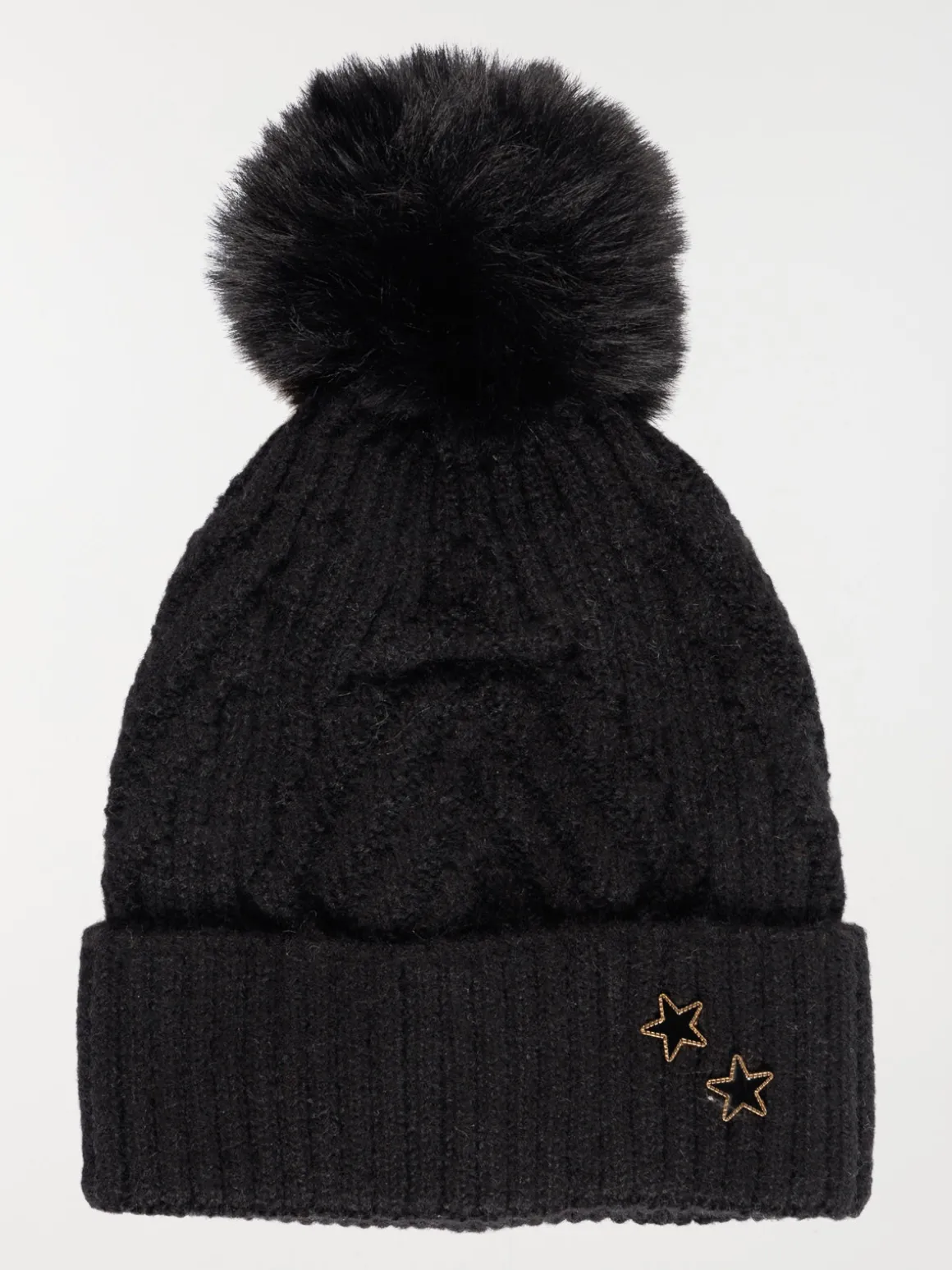 Bonnet noir torsadé pompon fille