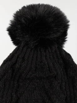 Bonnet noir torsadé pompon fille