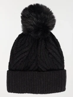 Bonnet noir torsadé pompon fille