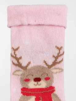 Chaussettes renne de noël rose bébé