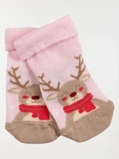 Chaussettes renne de noël rose bébé