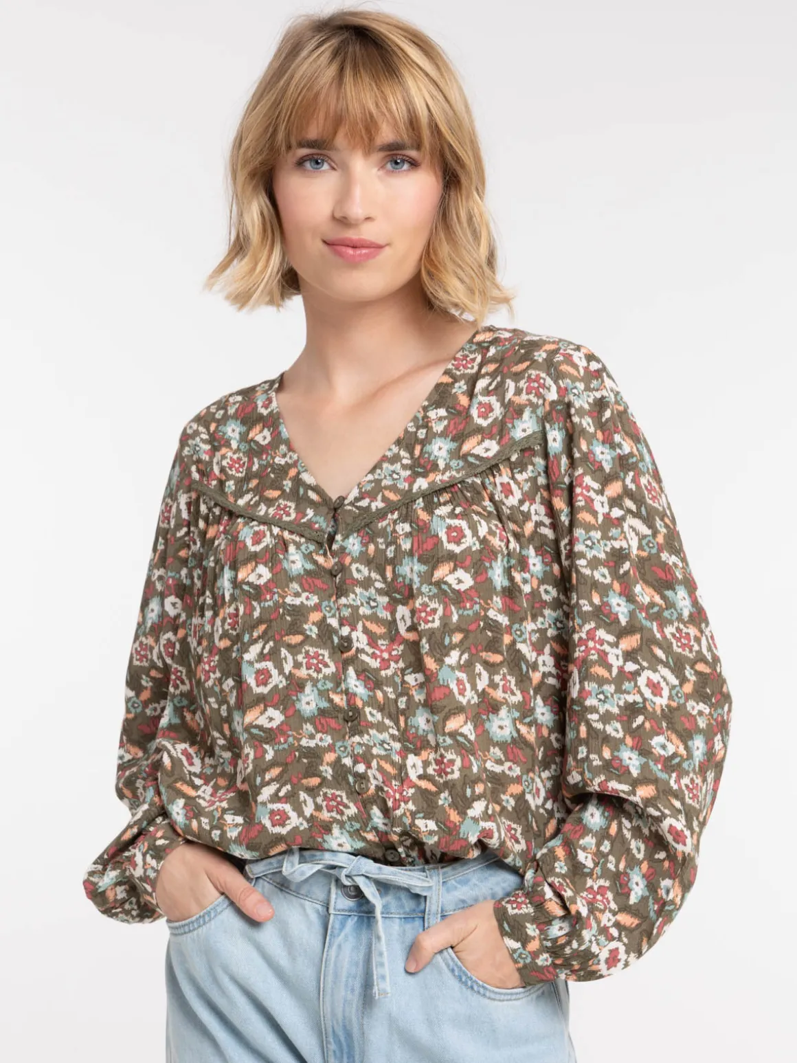 Chemise manches longues fleurie femme