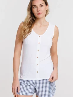 Débardeur blanc col V boutons femme