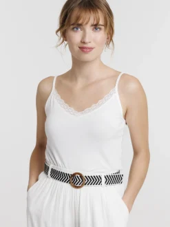 Débardeur col V dentelle écru femme