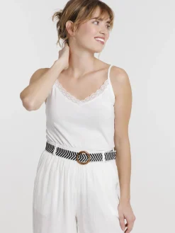 Débardeur col V dentelle écru femme