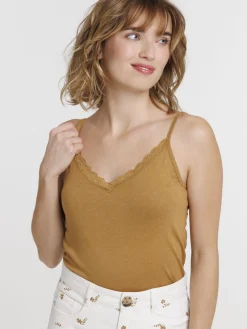 Débardeur col V dentelle caramel femme