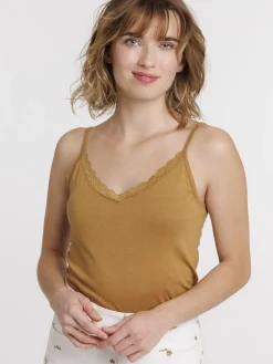Débardeur col V dentelle caramel femme