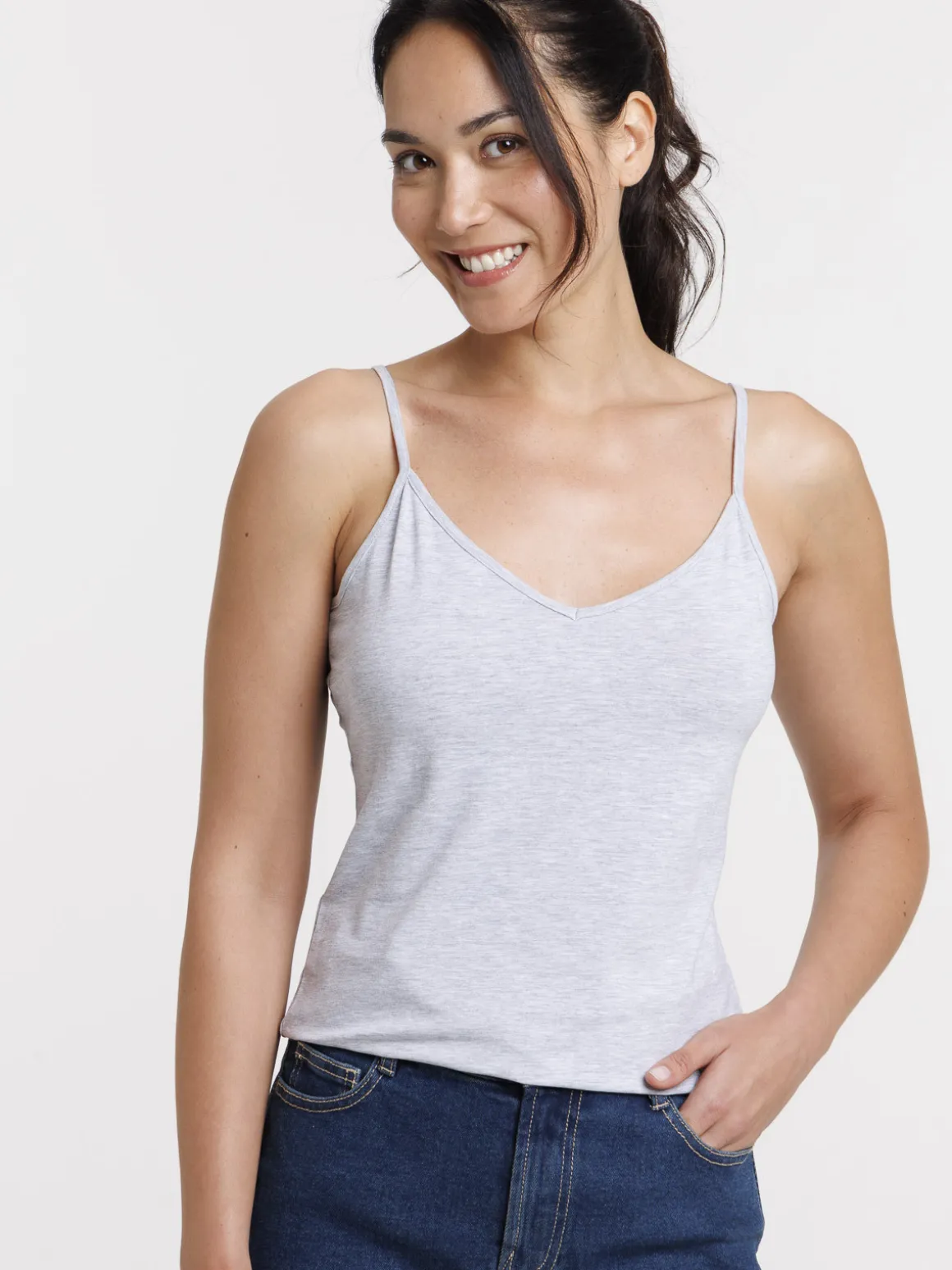 Débardeur col V gris clair chiné femme