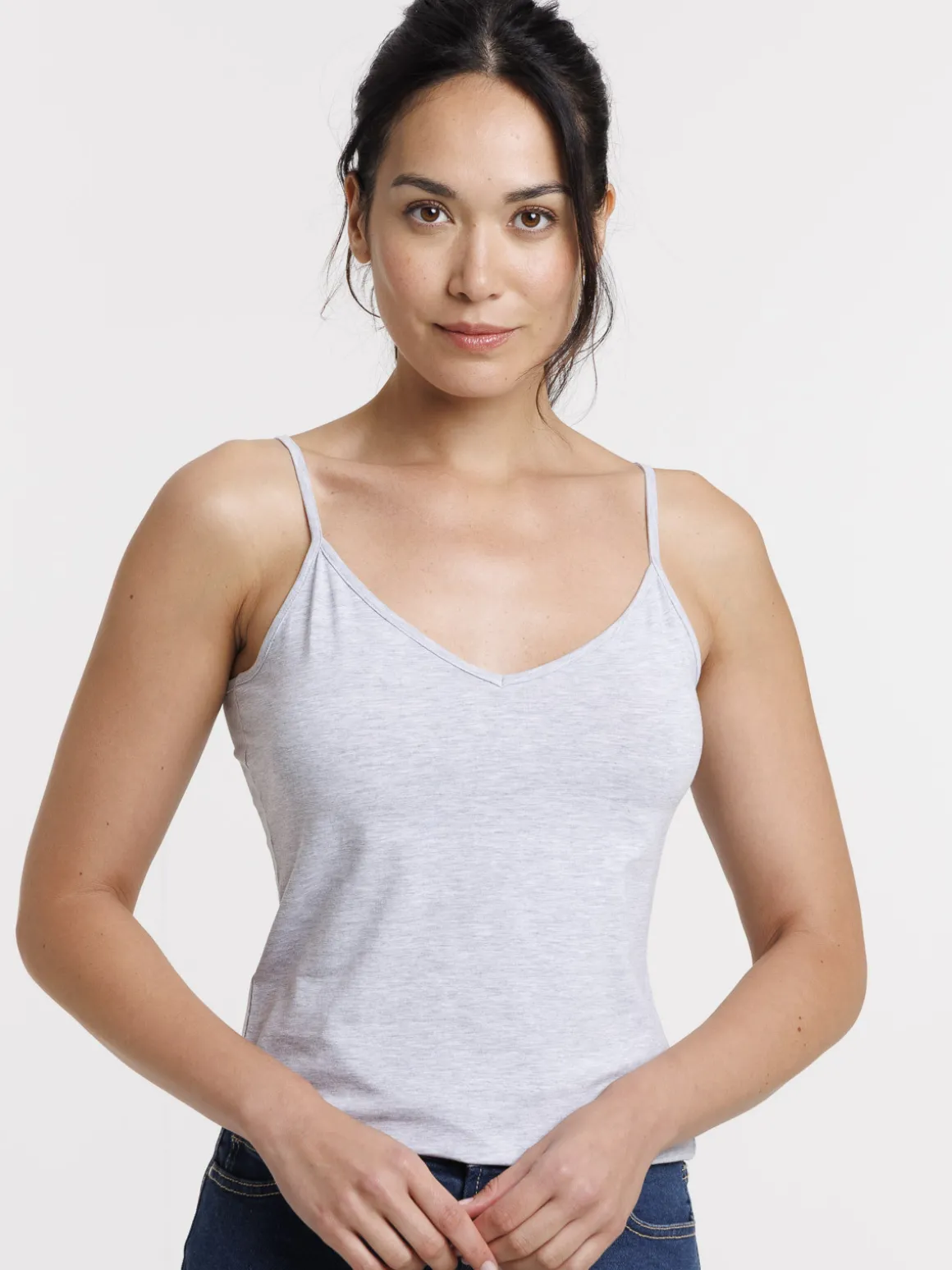 Débardeur col V gris clair chiné femme