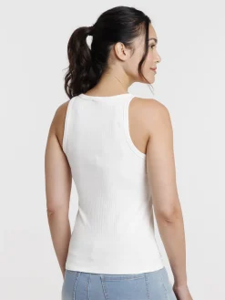 Débardeur côtelé blanc cassé femme