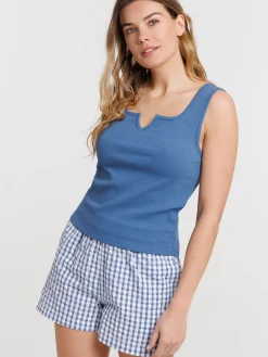 Débardeur côtelé femme bleu horizon