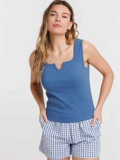 Débardeur côtelé femme bleu horizon