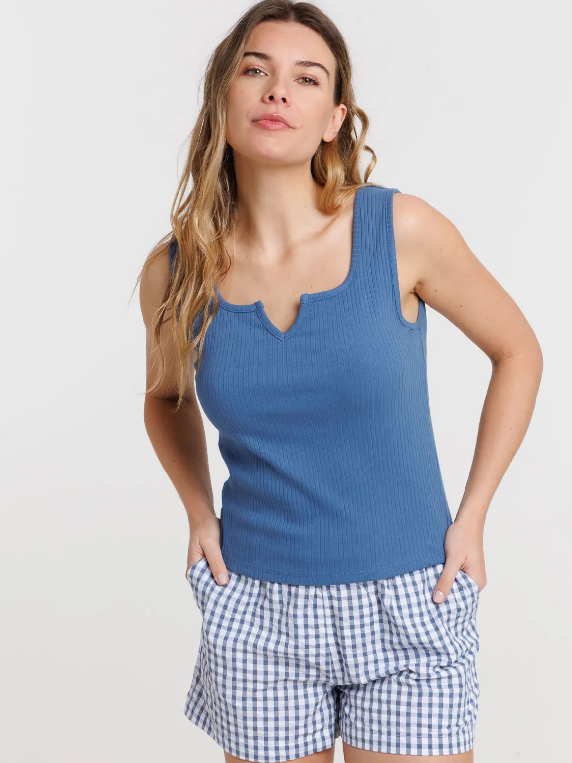 Débardeur côtelé femme bleu horizon
