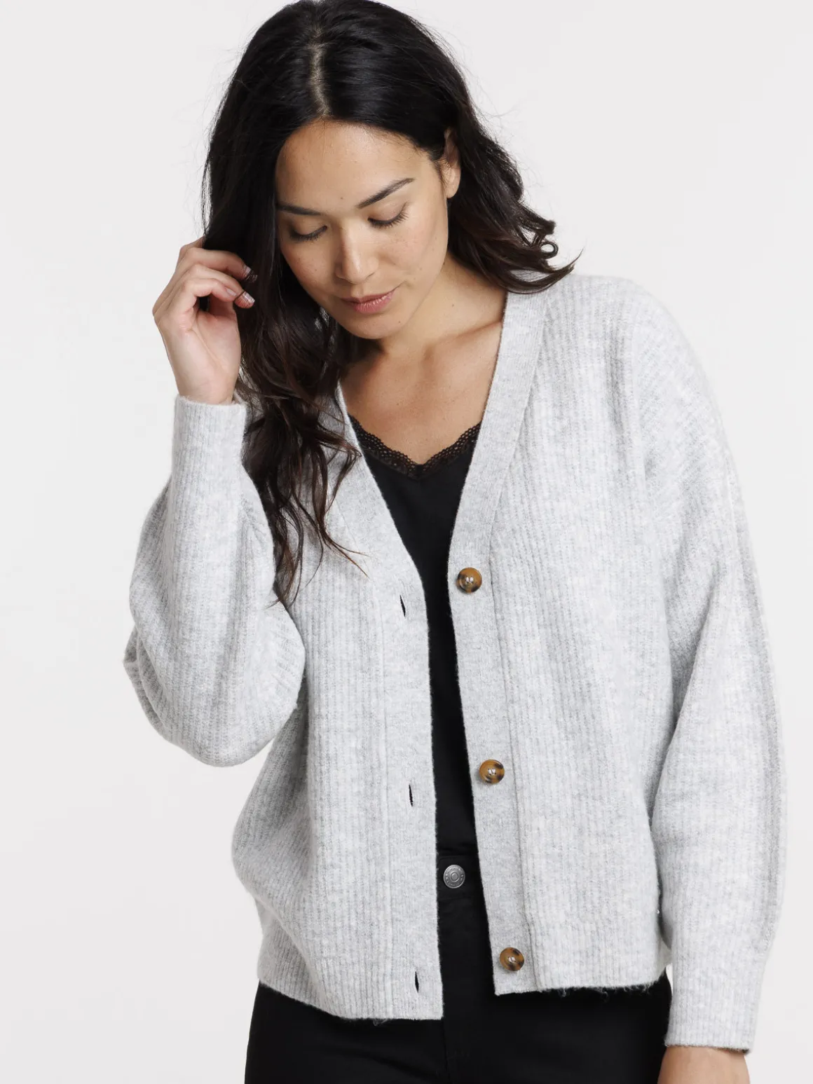 Gilet boutonné col V gris chiné femme