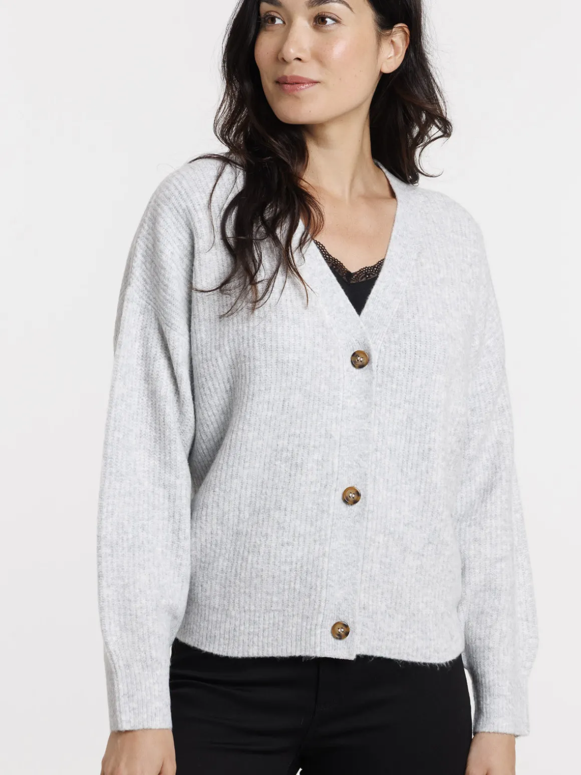 Gilet boutonné col V gris chiné femme