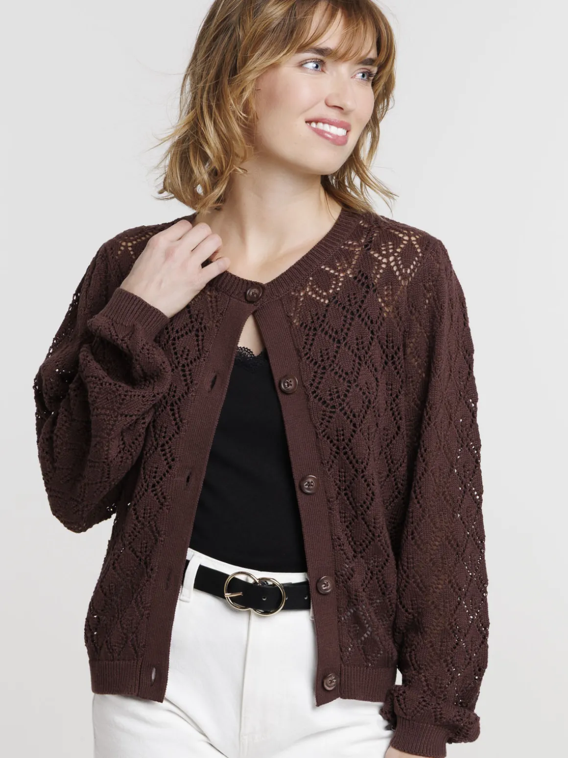 Gilet boutonné motifs ajourés femme