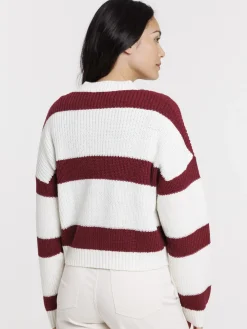Gilet écru rayé lie de vin femme