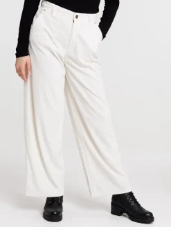 Pantalon large velours écru femme