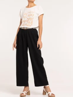 Pantalon noir large ceinturée femme
