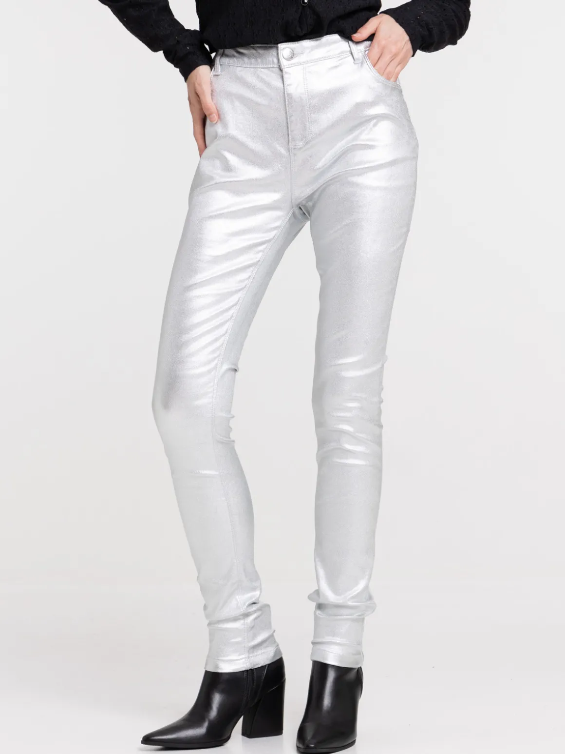 Pantalon skinny enduit gris argent femme