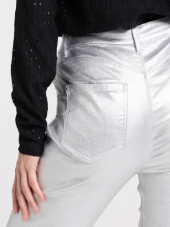 Pantalon skinny enduit gris argent femme