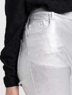 Pantalon skinny enduit gris argent femme