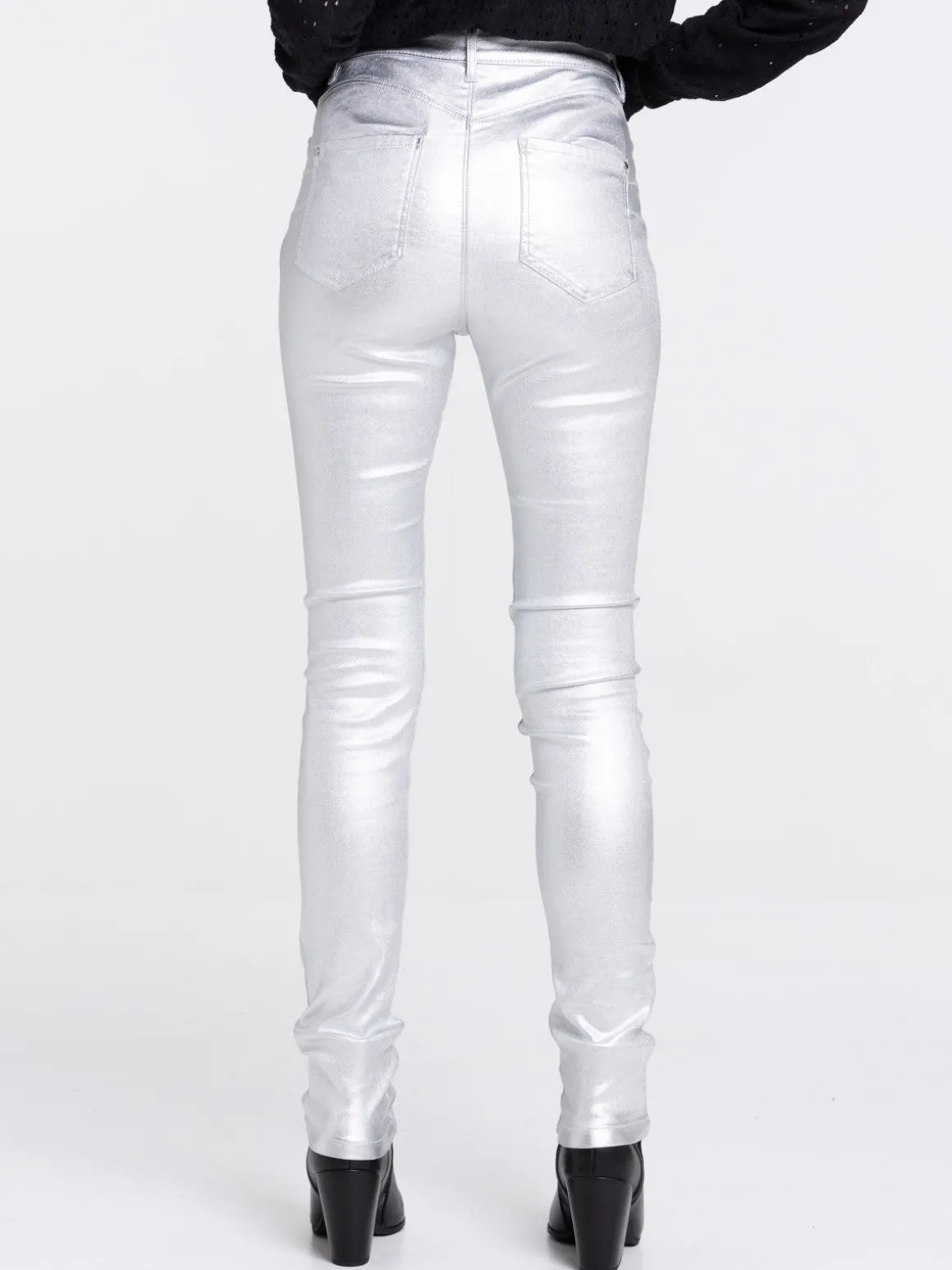 Pantalon skinny enduit gris argent femme