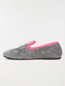 Pantoufle broderie chat gris (36-42)