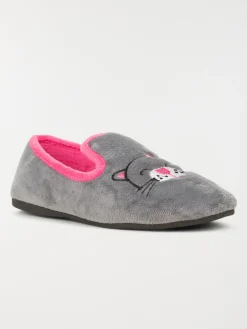 Pantoufle broderie chat gris (36-42)