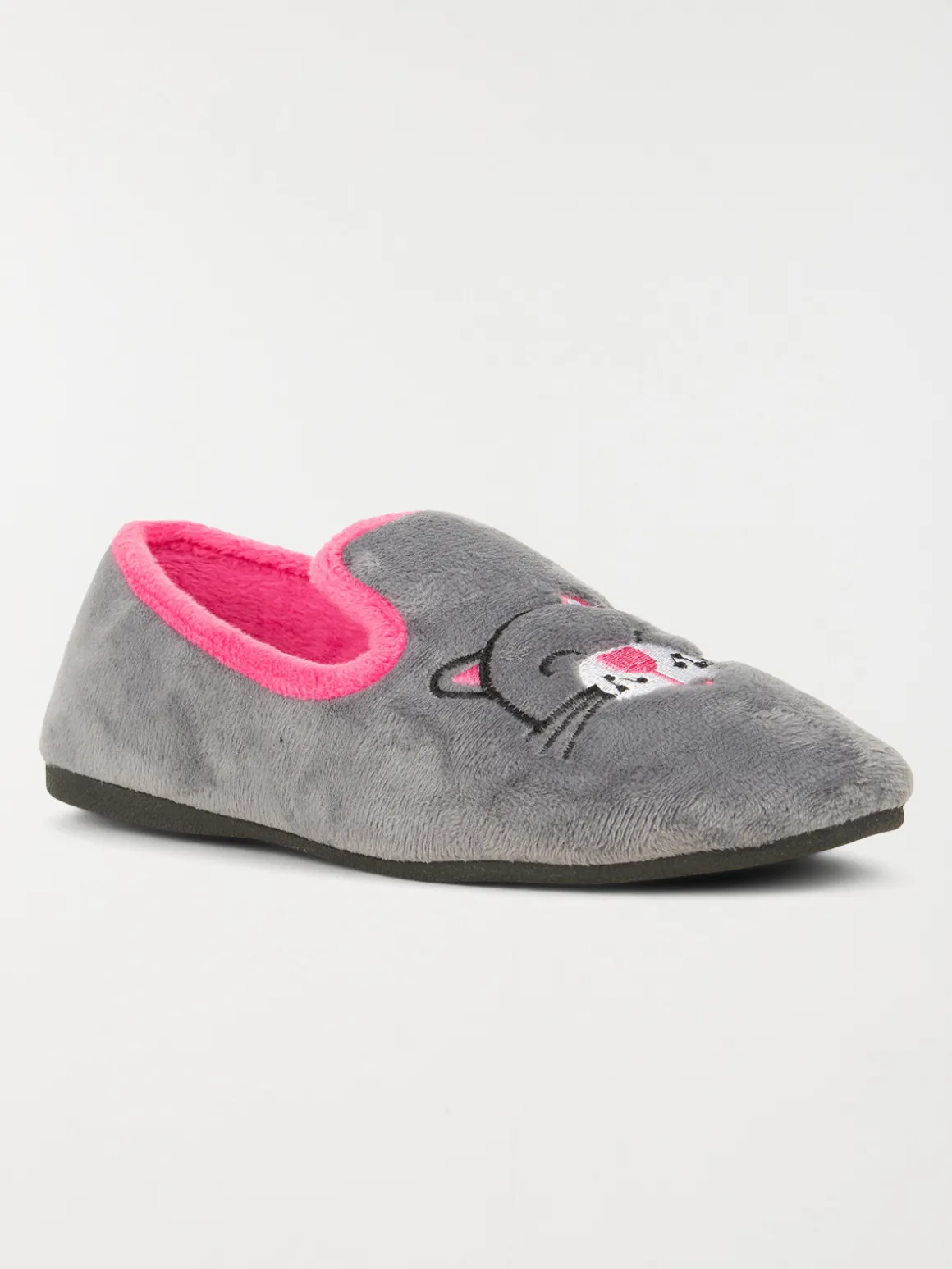 Pantoufle broderie chat gris (36-42)