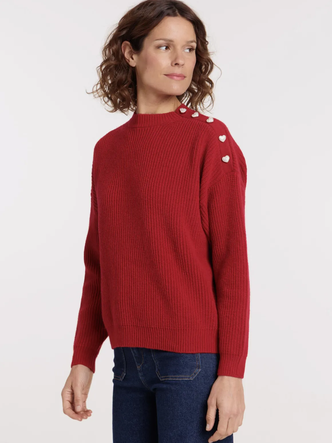 Pull boutons coeurs strass femme