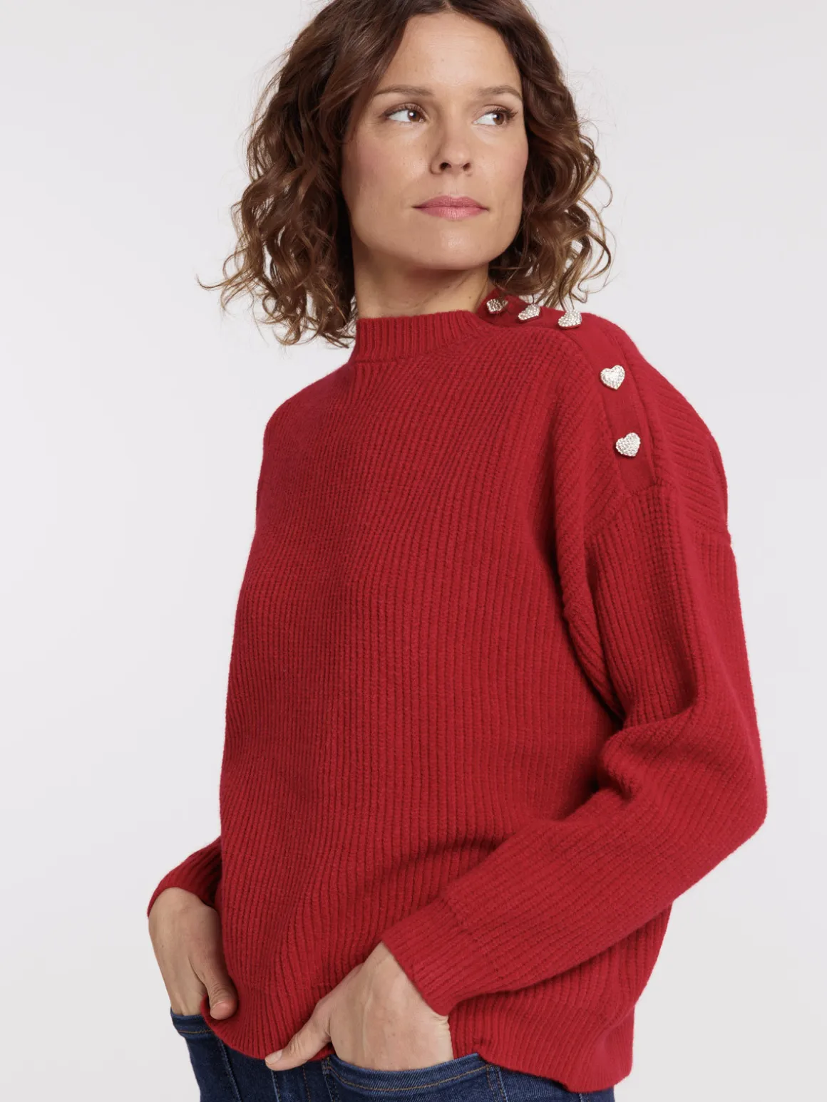 Pull boutons coeurs strass femme