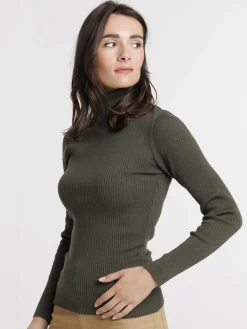 Pull col roulé vert foncé femme