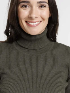 Pull col roulé vert foncé femme