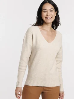 Pull col V beige grisé femme