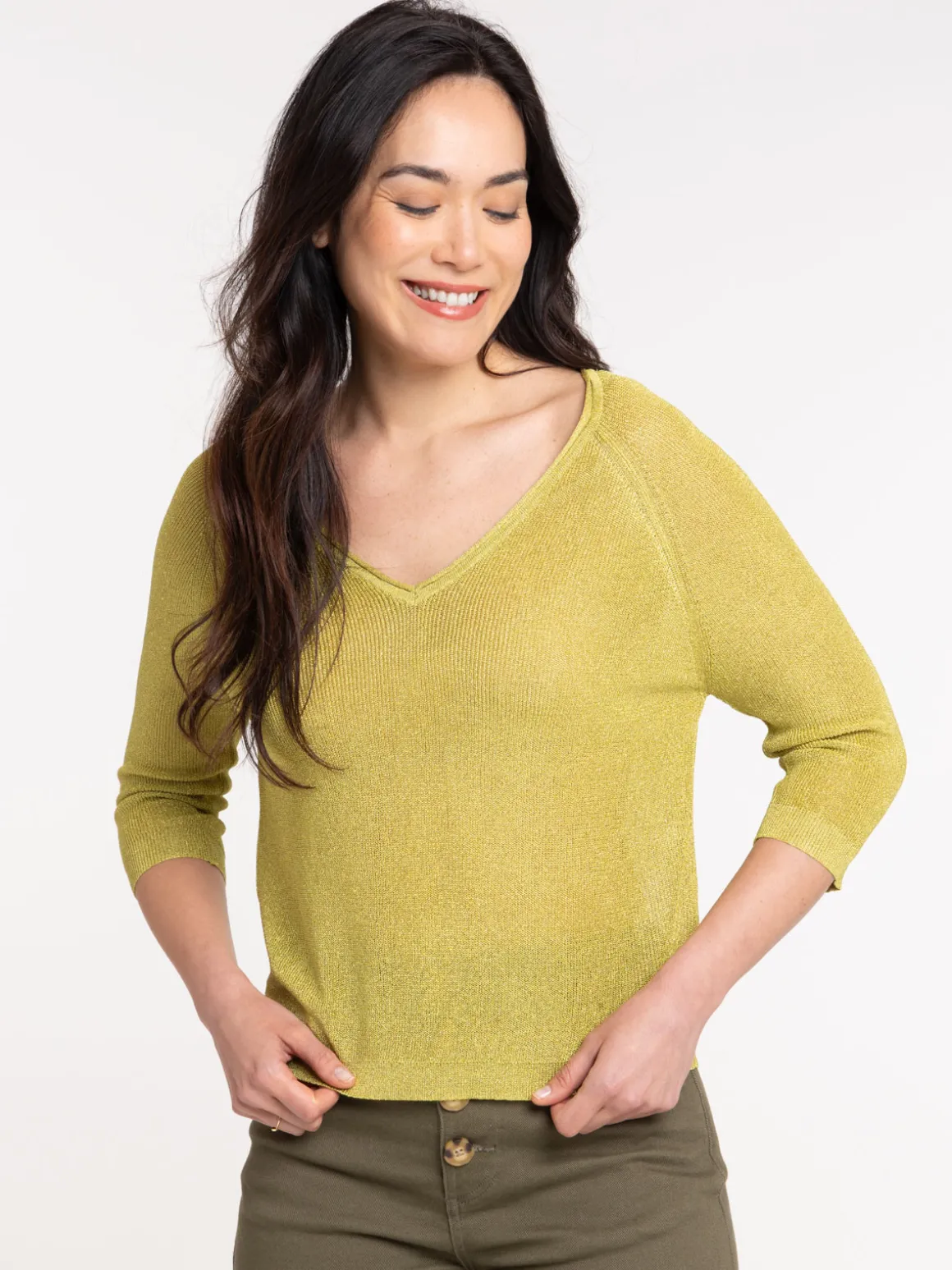 Pull col V brillant olivette femme