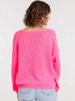 Pull col V néon rose femme