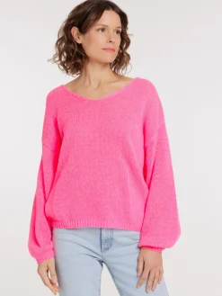 Pull col V néon rose femme