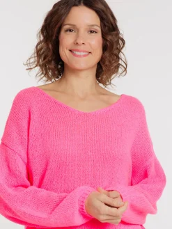 Pull col V néon rose femme