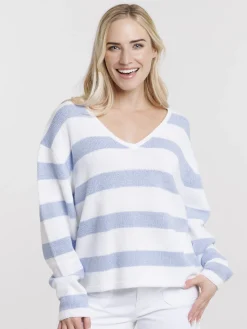Pull col V rayé femme