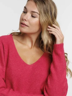 Pull col V rose fiesta femme