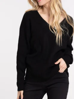 Pull col V tout doux noir femme