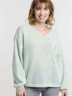 Pull col V vert retro femme