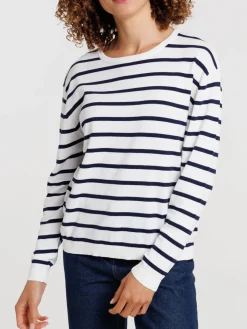 Pull écru col rond rayé femme
