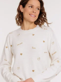 Pull femme coeurs et message brodés